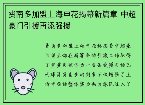 费南多加盟上海申花揭幕新篇章 中超豪门引援再添强援